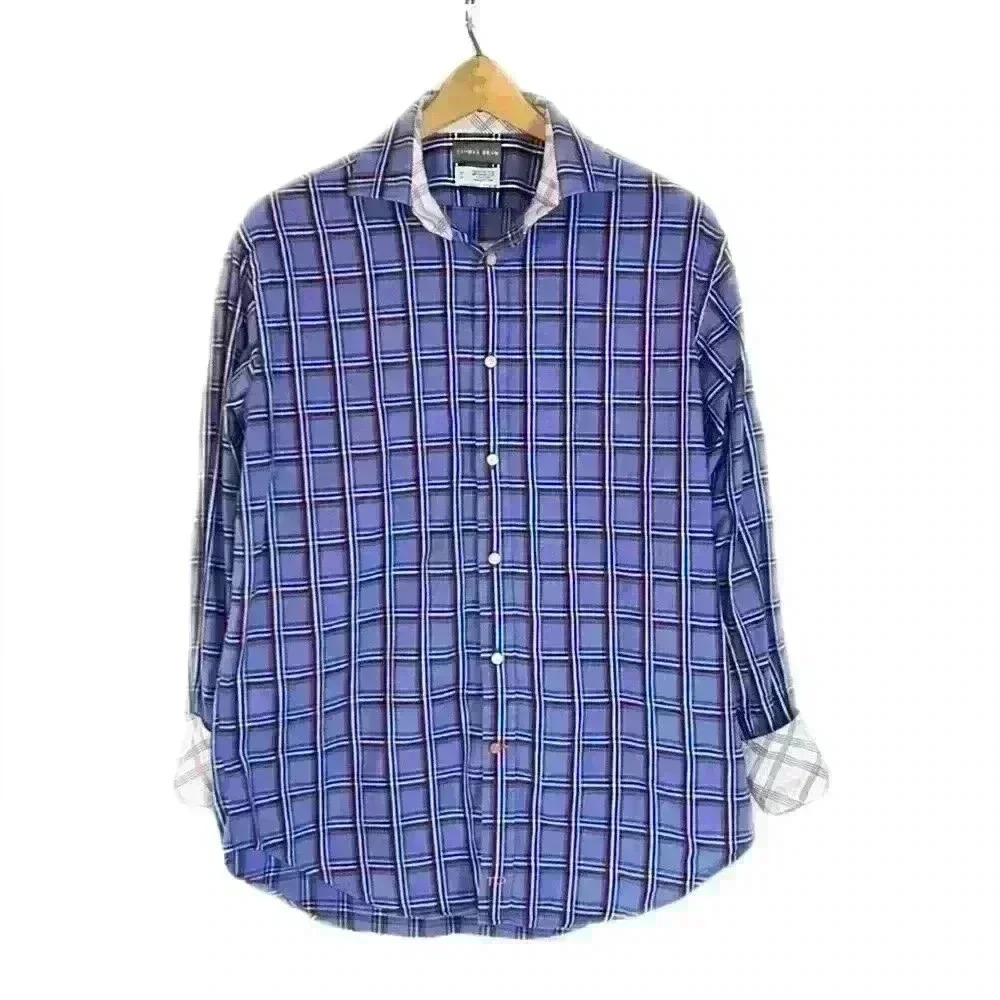 Thomas Dean Spring Plaid Dual Pattern Roll Up Sleeve 100% Cotton Dress Shirt, M